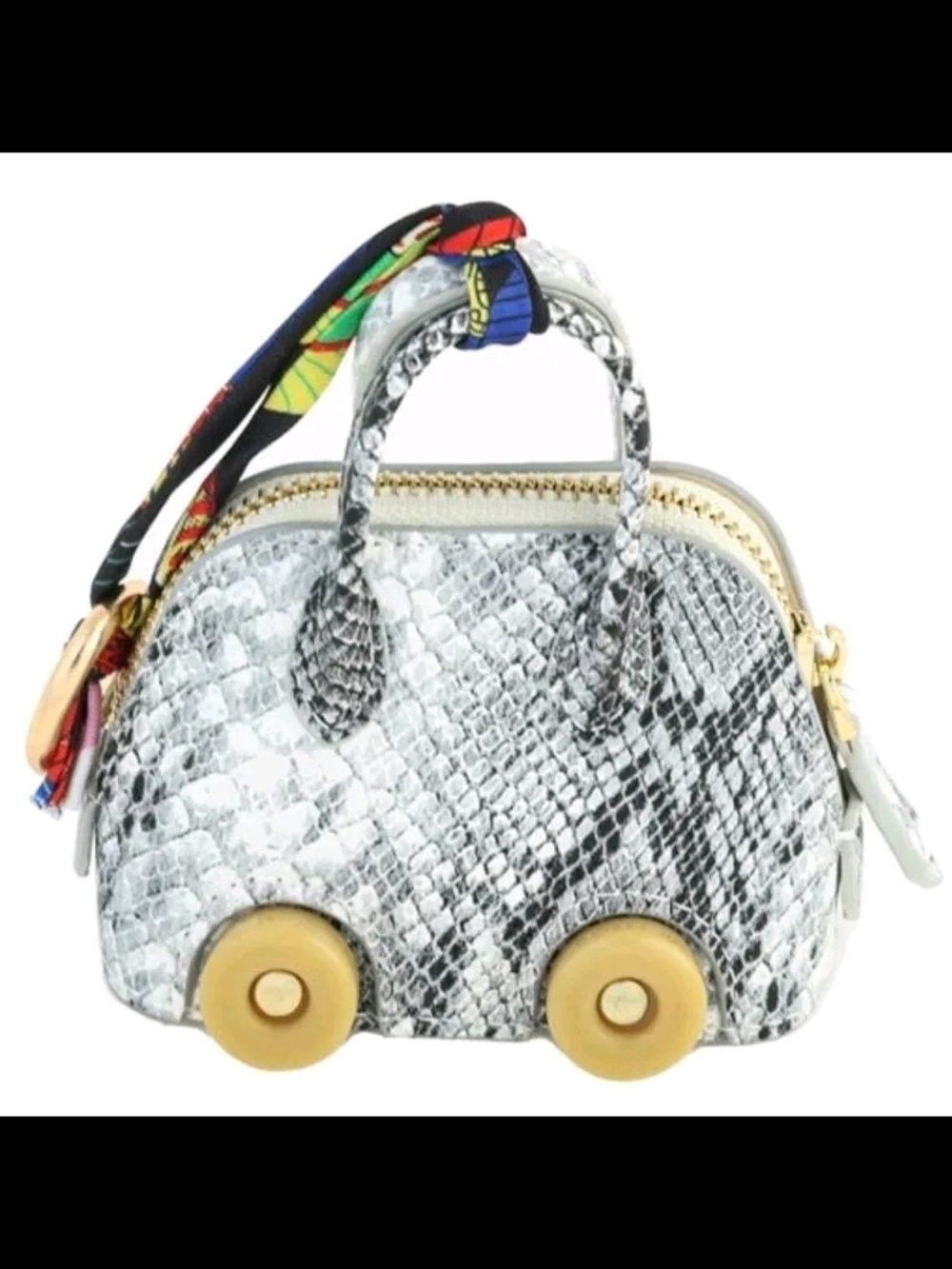 Silver Snake-Embossed Mini Handbag with Colorful Scarf Detail